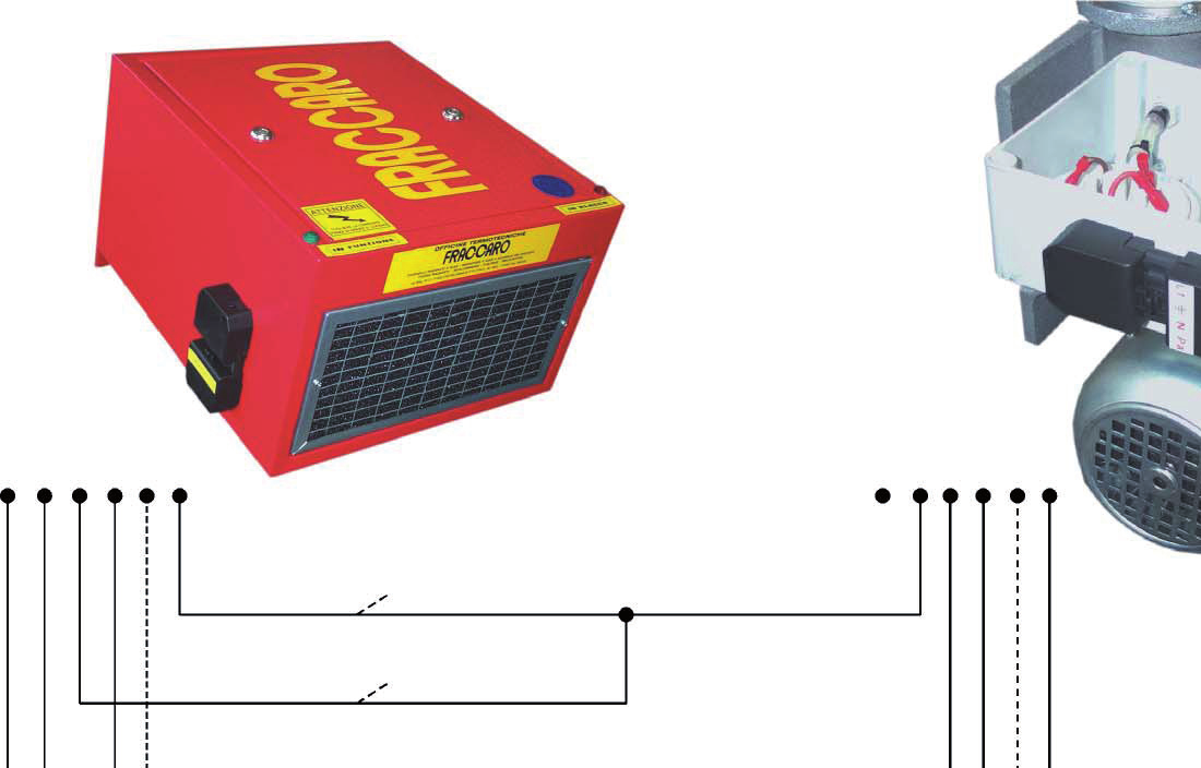 Połączenia elektryczne dla jednostopniowego zespołu palnikowego IGRAF Na rys. 1 pokazano schemat podłączenia zespołu palnika do zespołu ekstraktora IGRAF oraz do sieci trójfazowej 400 V 50 Hz.