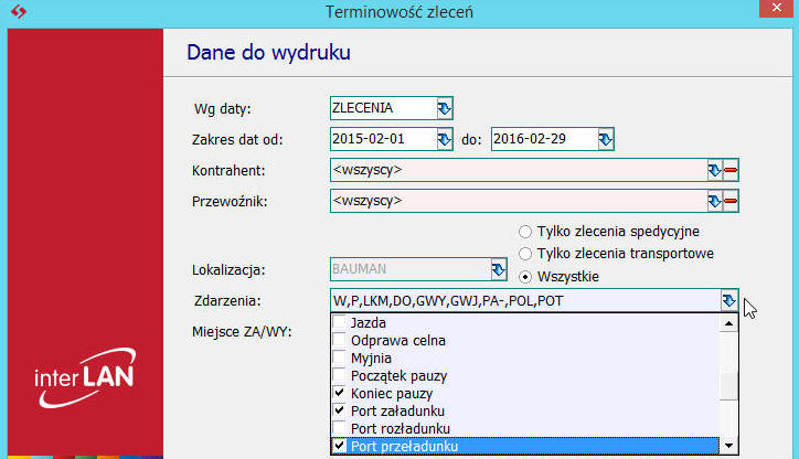 14. Raport terminowosci zleceń W raporcie terminowosci zleceń umożliwiono kontrole terminowości dla wszystkich typów zdarzeń z wyłączeniem indywidualnie zdefiniowanych przez użytkownika. 15.