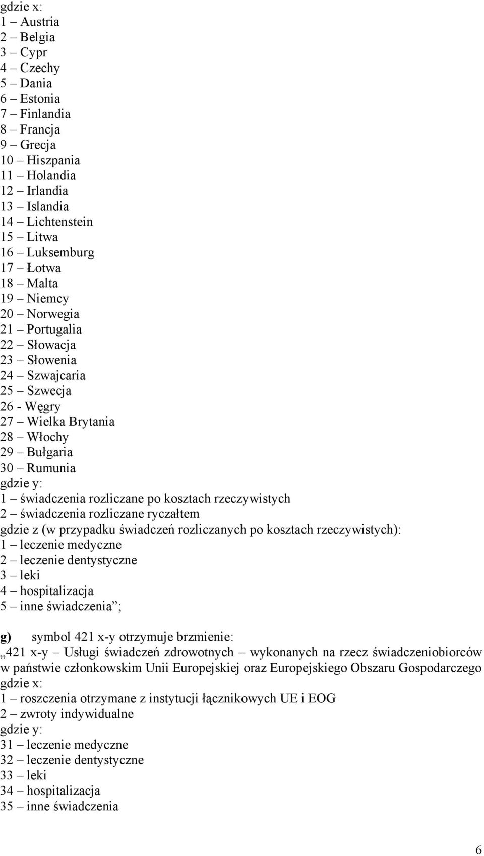 świadczenia rozliczane ryczałtem gdzie z (w przypadku świadczeń rozliczanych po kosztach rzeczywistych): 1 leczenie medyczne 2 leczenie dentystyczne 3 leki 4 hospitalizacja 5 inne świadczenia ; g)