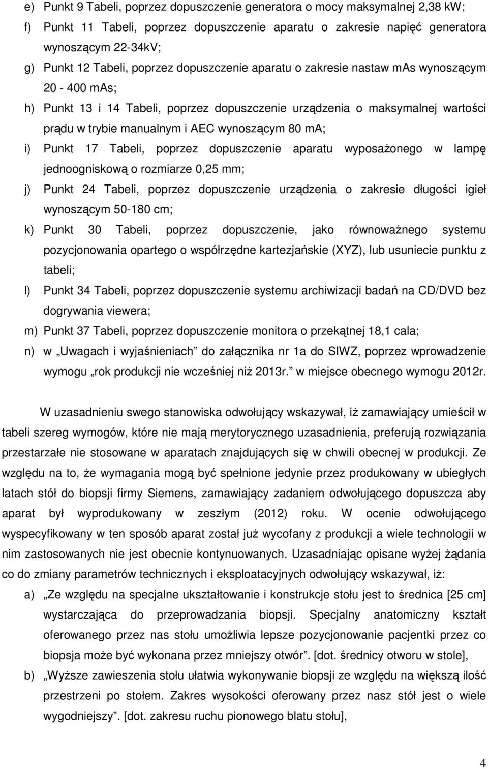 ma; i) Punkt 17 Tabeli, poprzez dopuszczenie aparatu wyposażonego w lampę jednoogniskową o rozmiarze 0,25 mm; j) Punkt 24 Tabeli, poprzez dopuszczenie urządzenia o zakresie długości igieł wynoszącym