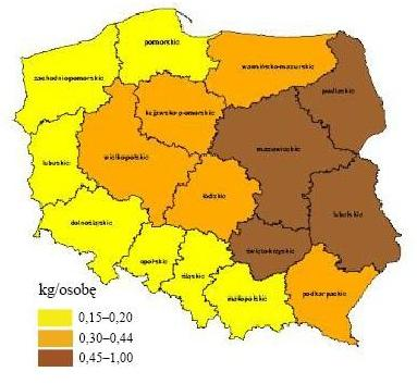 Rysunek 4 Nagromadzenie wyrobów zawierających azbest w układzie wojewódzkim Źródło: Program Oczyszczania Kraju z Azbestu na lata 2009-2032 Produkcja płyt azbestowo-cementowych w Polsce rozpoczęła się