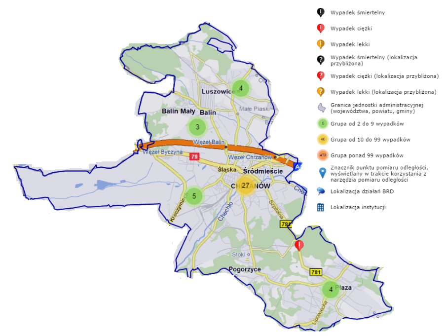 Rysunek 4-14 Mapa wypadków drogowych do jakich doszło w 2015