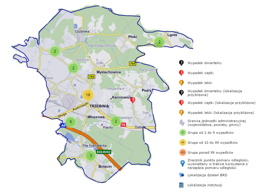 Rysunek 4-16 Mapa wypadków drogowych do jakich doszło w 2015 roku na obszarze Gminy Trzebinia [źródło: www.obserwatoriumbrd.