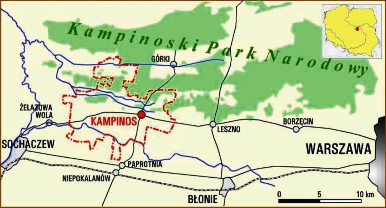 Gmina Kampinos leży pomiędzy 20º 20 a 20º 35 długości geograficznej wschodniej oraz pomiędzy 52º 10 a 52º 20 szerokości geograficznej północnej.