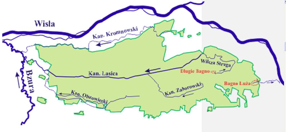Ryc. 9. Wody powierzchniowe w okolicach K.P.N. (Andrzejewska, Olszewski 2008) Kanał Olszewiecki zbierający wody z północnej części Gminy Kampinos monitorowany jest przez Stację Bazową Kampinos.