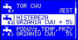 metrze CZAS OKRES. ZAŁ. POMPY CO. Funkcja ta dostępna jest, gdy tryb pracy pompy CO ustawiony został na wartość TERM. 7.