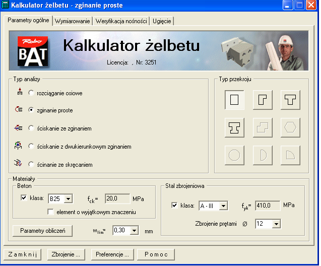 93 5.3. KALKULATOR ŻELBETU Zaprojektować belkę żelbetową o rozpiętości L=7,5 m. obciążoną dwiema siłami V=15 kn. Beton B25, stal AIII, klasa ekspozycji XC2 Po otwarciu kalkulatora l.m. w zakładkę :kalkulator żelbetu Wyświetla się okno dialogowe jak na rysunku poniżej.