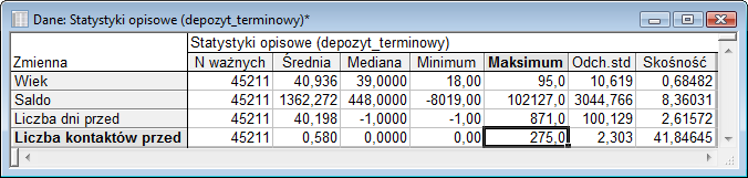 W celu zbadania występowania braków danych w naszym zbiorze z menu Statystyka wybieramy Statystyki podstawowe i tabele, a następnie opcje Statystyki opisowe.