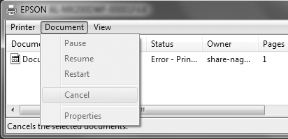W komputerze W systemie Windows Kliknij dwukrotnie ikonę drukarki na pasku zadań. Wybierz zadanie z listy, a następnie kliknij polecenie Cancel (Anuluj) w menu Document (Dokument).