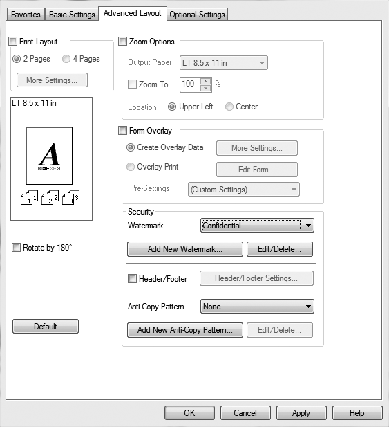 1. Kliknij kartę Advanced Layout. 2. Z listy rozwijanej Watermark wybierz znak wodny, którego chcesz użyć. 3. Aby wprowadzić szczegółowe ustawienia, kliknij przycisk Edit/Delete.