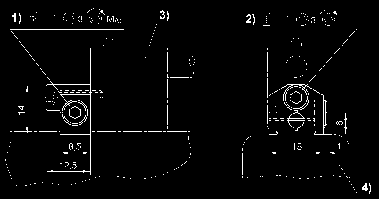 dla Seria SN1, SN2 do montażu w ach PRA 15 00105964 00104945 śruba zaciskowa 2) śruba mocująca czujnika