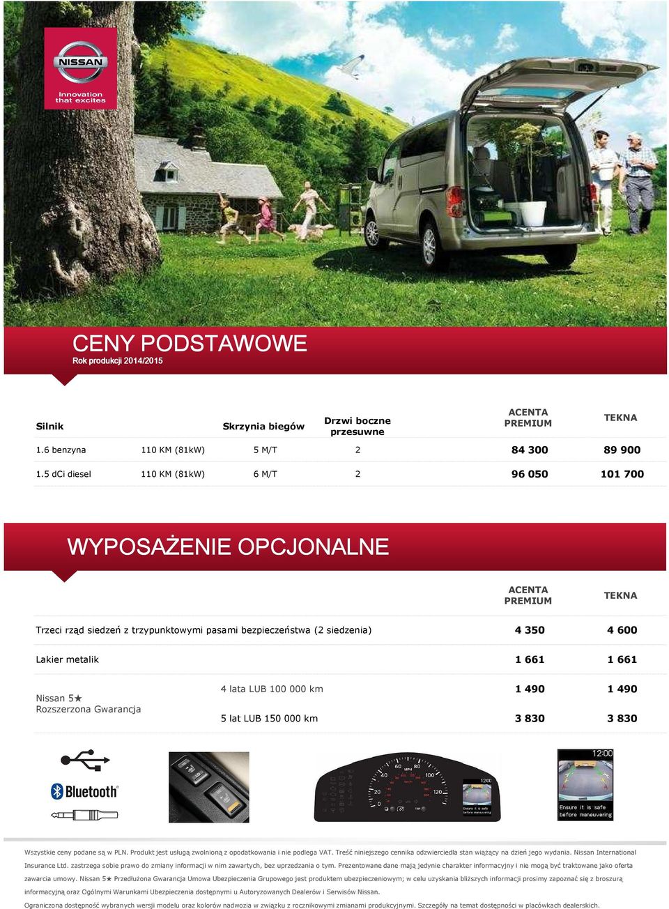 Nissan 5 Rozszerzona Gwarancja 4 lata LUB 100 000 km 5 lat LUB 150 000 km 1 490 1 490 3 830 3 830 Wszystkie ceny podane są w PLN. Produkt jest usługą zwolnioną z opodatkowania i nie podlega VAT.