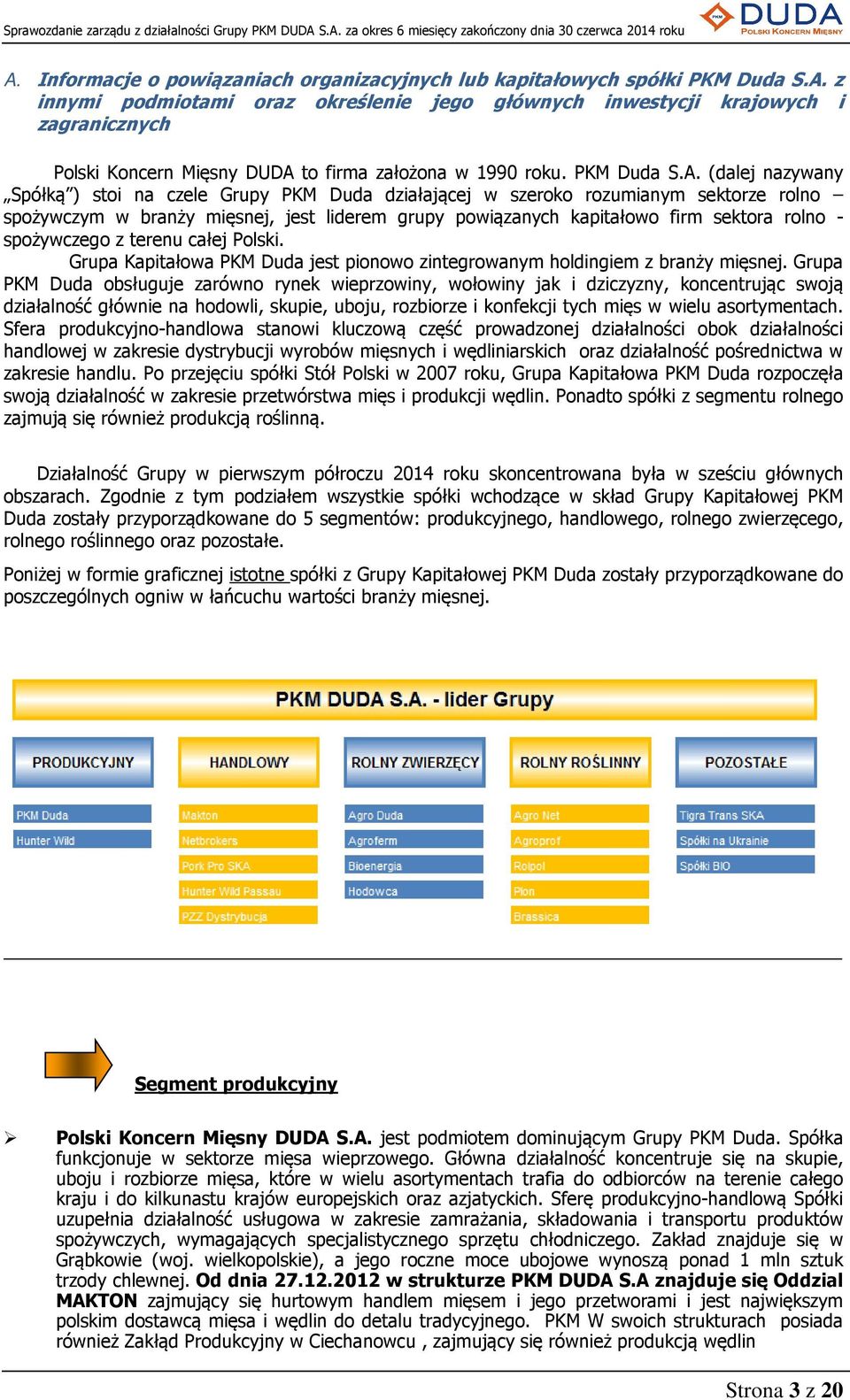 (dalej nazywany Spółką ) stoi na czele Grupy PKM Duda działającej w szeroko rozumianym sektorze rolno spożywczym w branży mięsnej, jest liderem grupy powiązanych kapitałowo firm sektora rolno -