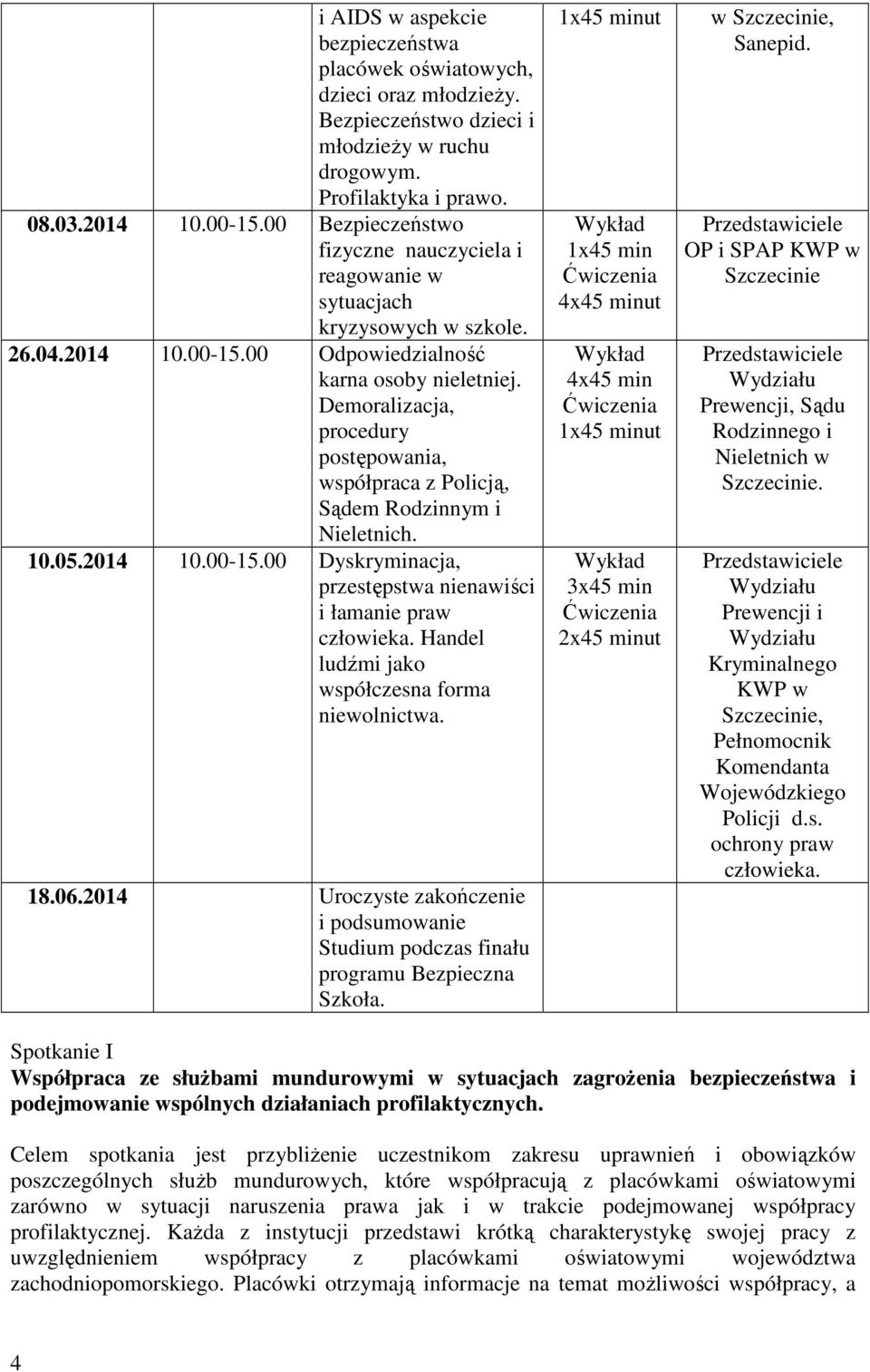 Demoralizacja, procedury postępowania, współpraca z Policją, Sądem Rodzinnym i Nieletnich. 10.05.2014 10.00-15.00 Dyskryminacja, przestępstwa nienawiści i łamanie praw człowieka.