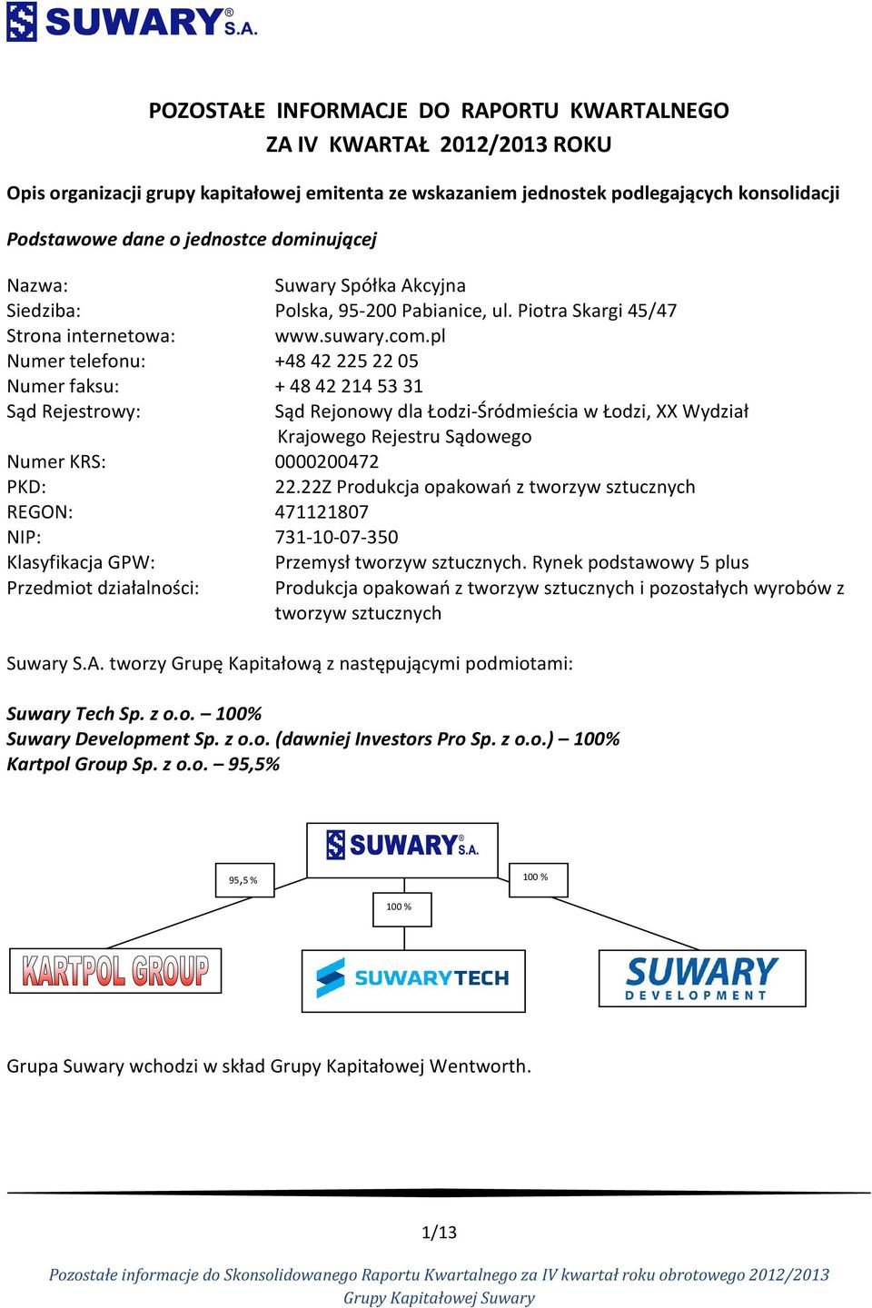 pl Numer telefonu: +48 42 225 22 05 Numer faksu: + 48 42 214 53 31 Sąd Rejestrowy: Sąd Rejonowy dla Łodzi-Śródmieścia w Łodzi, XX Wydział Krajowego Rejestru Sądowego Numer KRS: 0000200472 PKD: 22.