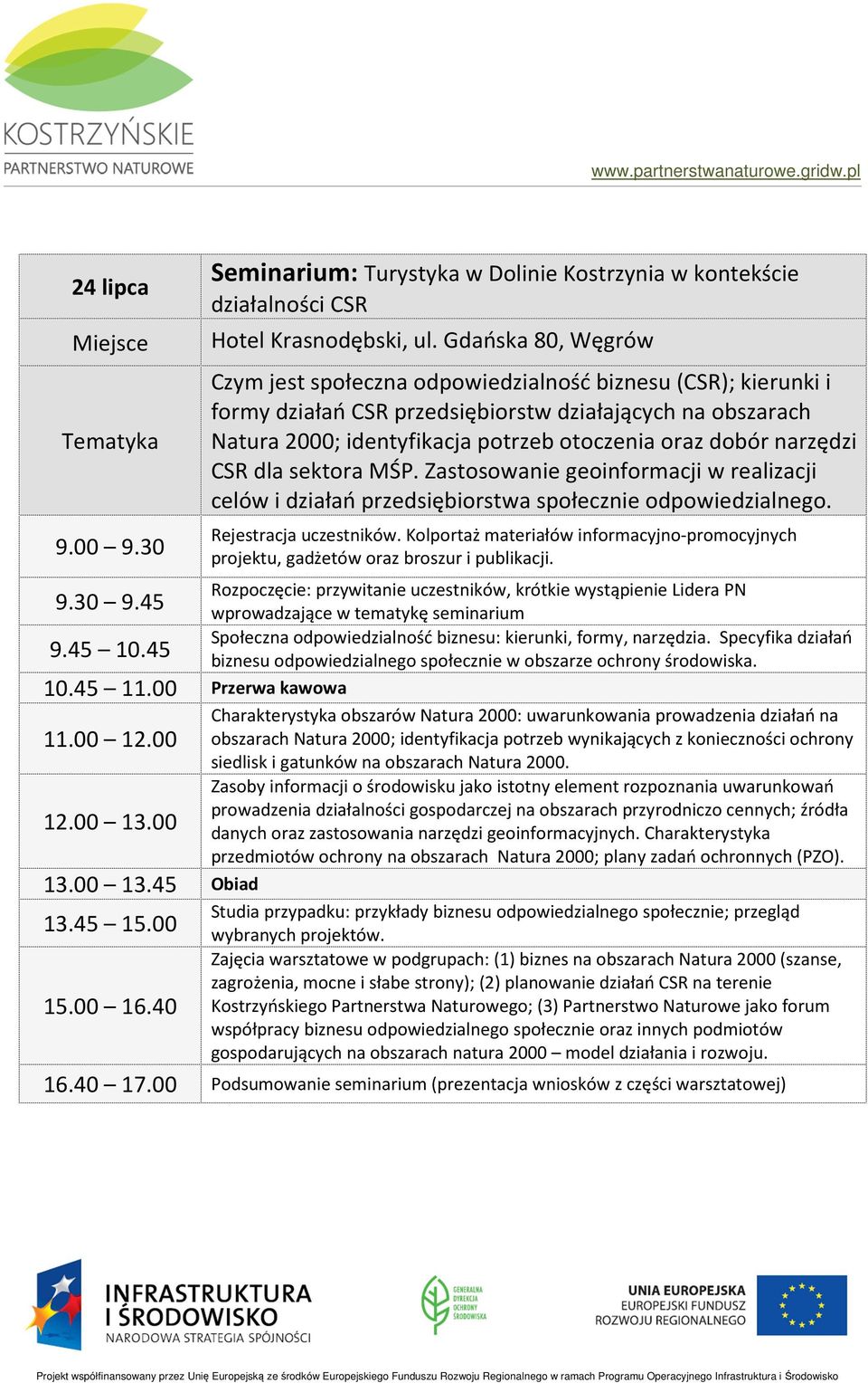 Gdańska 80, Węgrów Czym jest społeczna odpowiedzialność biznesu (CSR); kierunki i formy działań CSR przedsiębiorstw działających na obszarach Natura 2000; identyfikacja potrzeb otoczenia oraz dobór