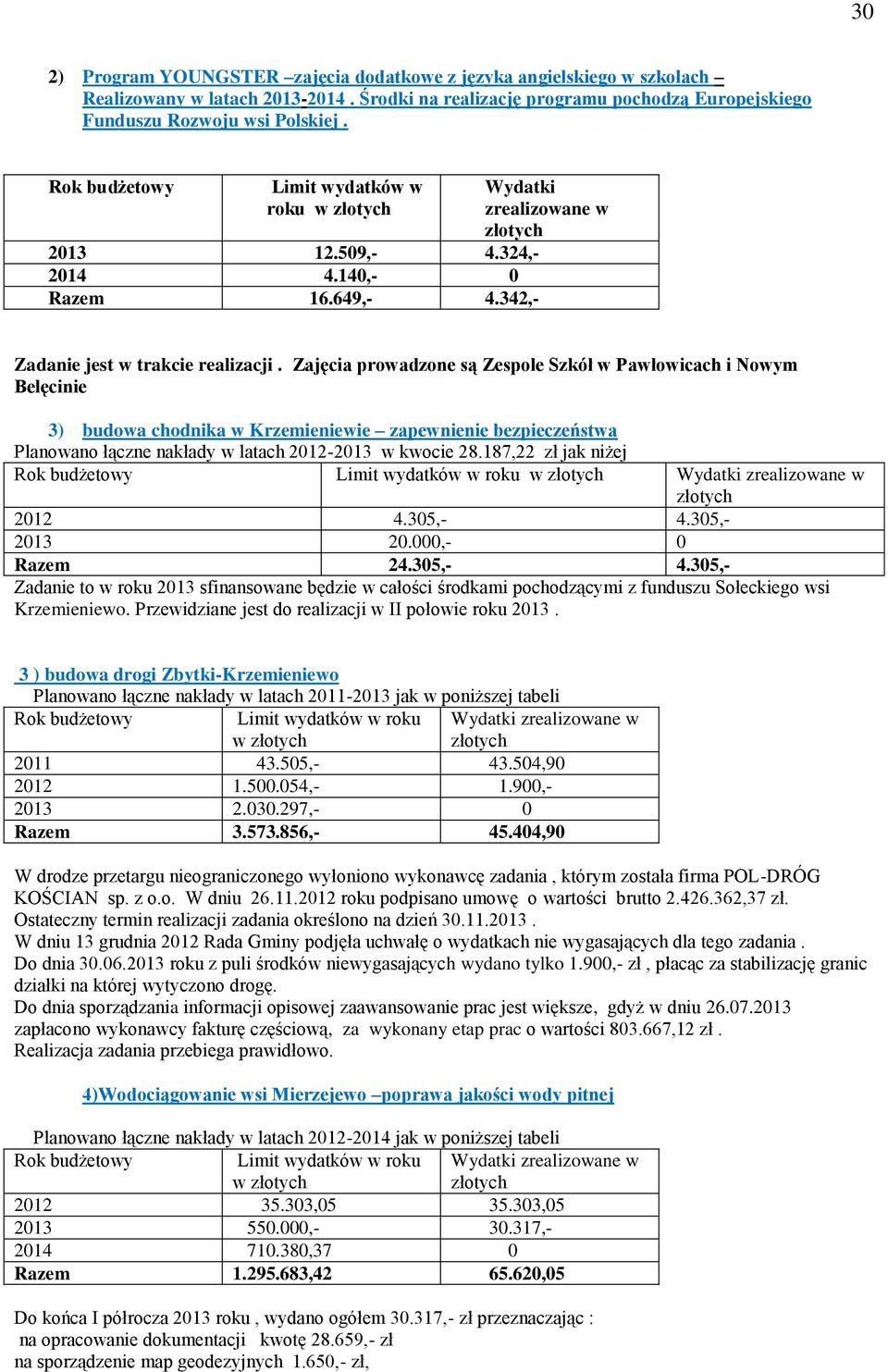 Zajęcia prowadzone są Zespole Szkół w Pawłowicach i Nowym Belęcinie 3) budowa chodnika w Krzemieniewie zapewnienie bezpieczeństwa Planowano łączne nakłady w latach 212-213 w kwocie 28.