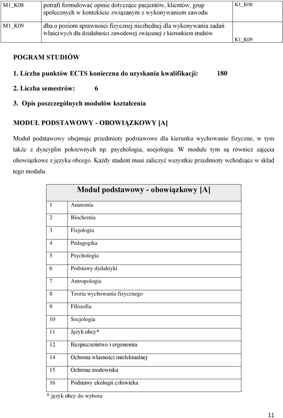 Opis poszczególnych modułów kształcenia MODUŁ PODSTAWOWY - OBOWIĄZKOWY [A] Moduł podstawowy obejmuje przedmioty podstawowe dla kierunku wychowanie fizyczne, w tym także z dyscyplin pokrewnych np.