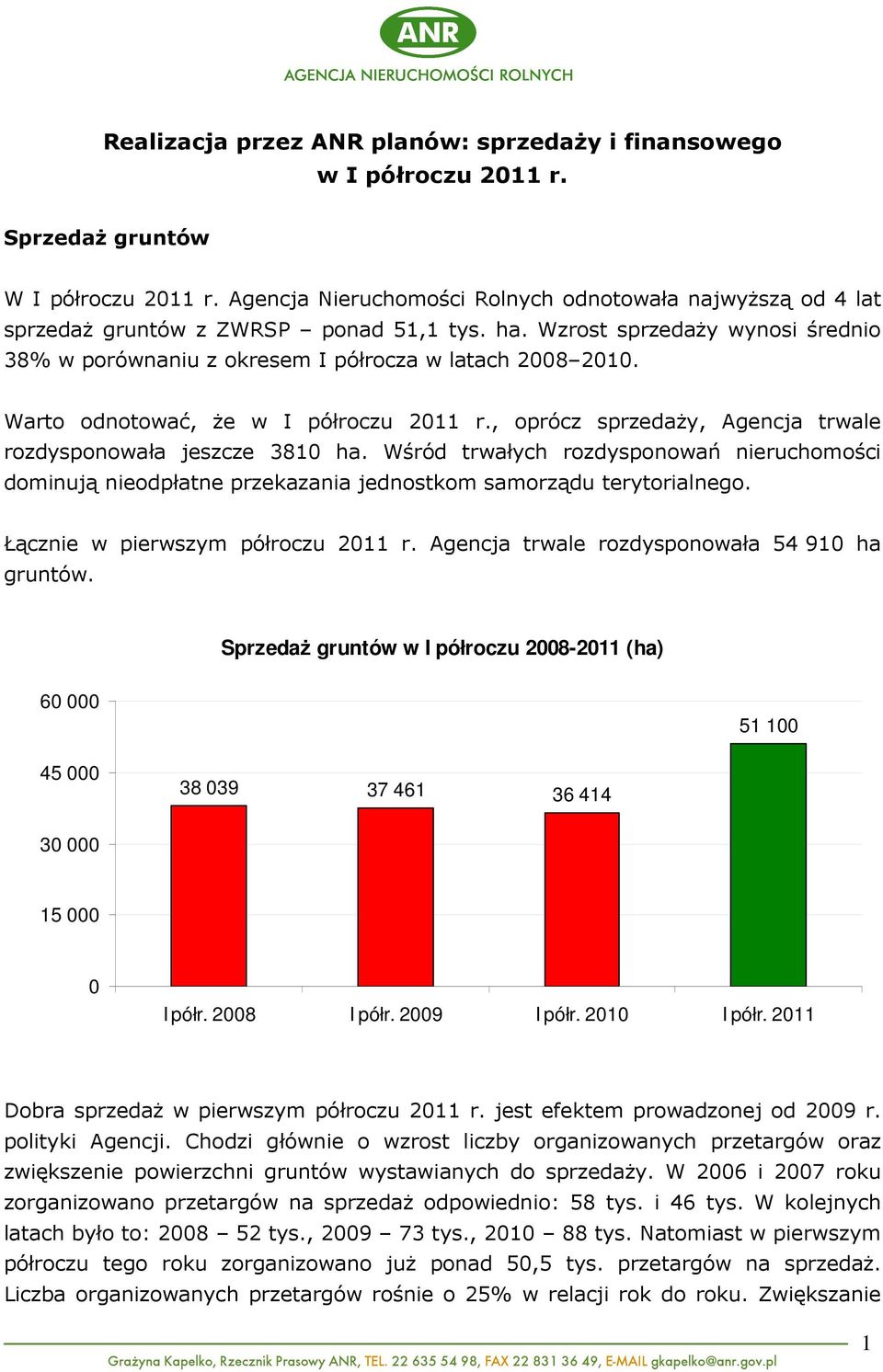 Warto odnotować, Ŝe w I półroczu 2011 r., oprócz sprzedaŝy, Agencja trwale rozdysponowała jeszcze 3810 ha.