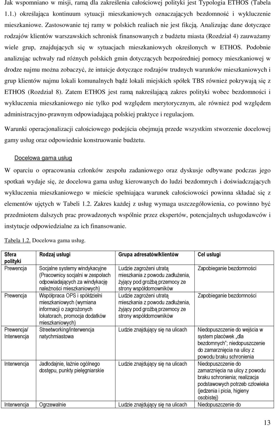 Analizując dane dotyczące rodzajów klientów warszawskich schronisk finansowanych z budŝetu miasta (Rozdział 4) zauwaŝamy wiele grup, znajdujących się w sytuacjach mieszkaniowych określonych w ETHOS.