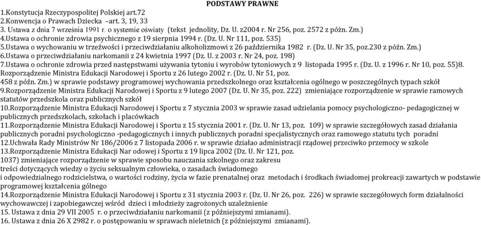 Ustawa o wychowaniu w trzeźwości i przeciwdziałaniu alkoholizmowi z 26 października 1982 r. (Dz. U. Nr 35, poz.230 z późn. Zm.) 6.Ustawa o przeciwdziałaniu narkomanii z 24 kwietnia 1997 (Dz. U. z 2003 r.