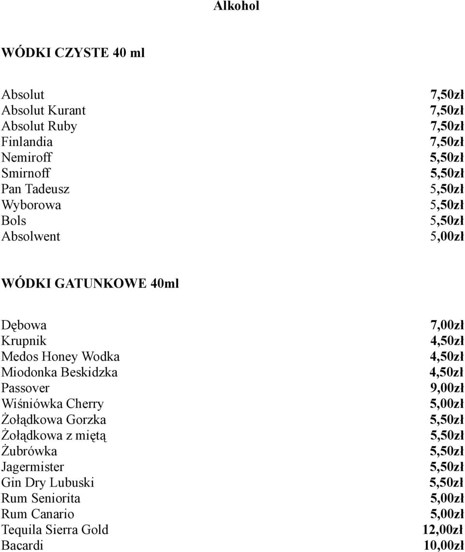 Wodka Miodonka Beskidzka Passover 9,00zł Wiśniówka Cherry 5,00zł Żołądkowa Gorzka 5,50zł Żołądkowa z miętą 5,50zł Żubrówka