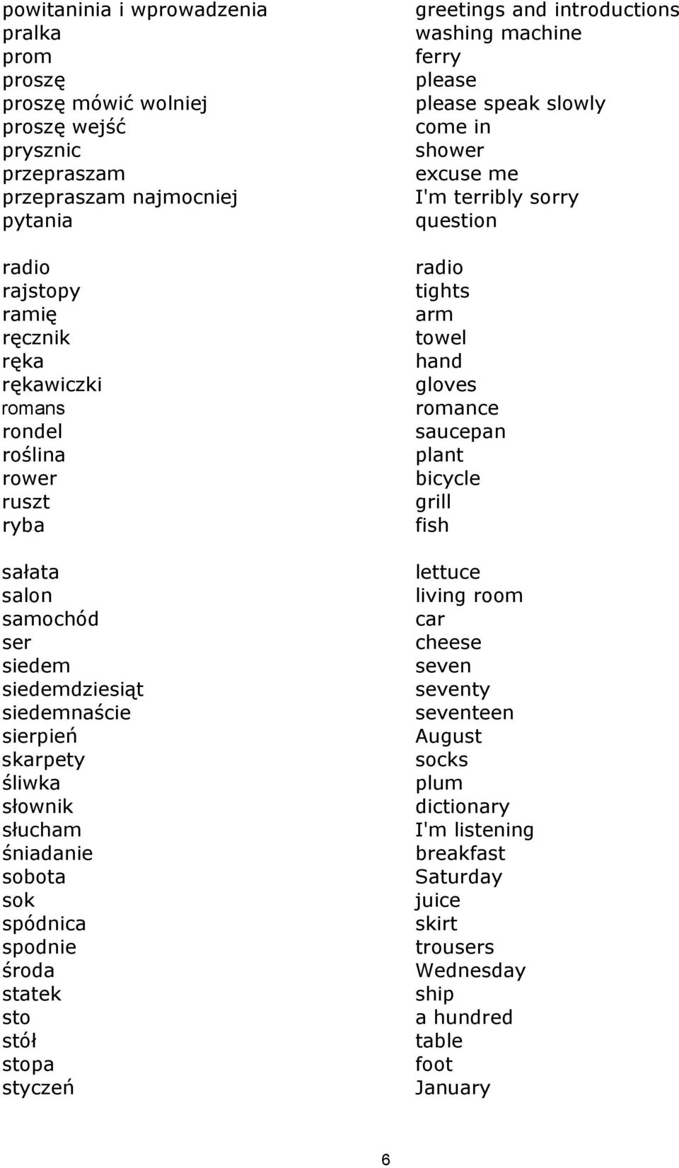 styczeń greetings and introductions washing machine ferry please please speak slowly come in shower excuse me I'm terribly sorry question radio tights arm towel hand gloves romance saucepan plant