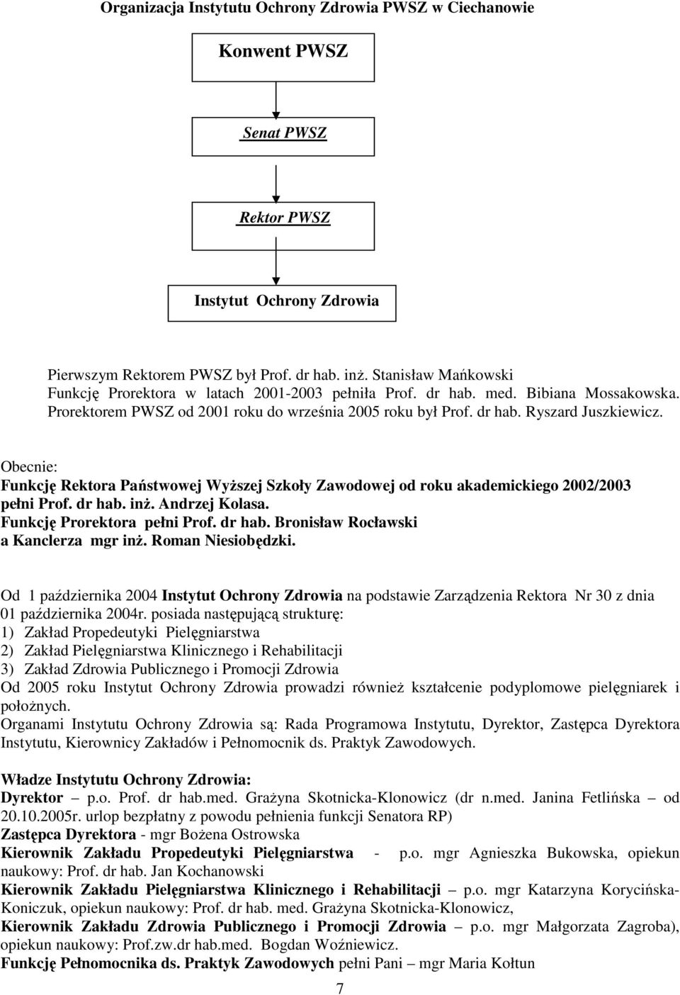 Obecnie: Funkcję Rektora Państwowej WyŜszej Szkoły Zawodowej od roku akademickiego 2002/2003 pełni Prof. dr hab. inŝ. Andrzej Kolasa. Funkcję Prorektora pełni Prof. dr hab. Bronisław Rocławski a Kanclerza mgr inŝ.