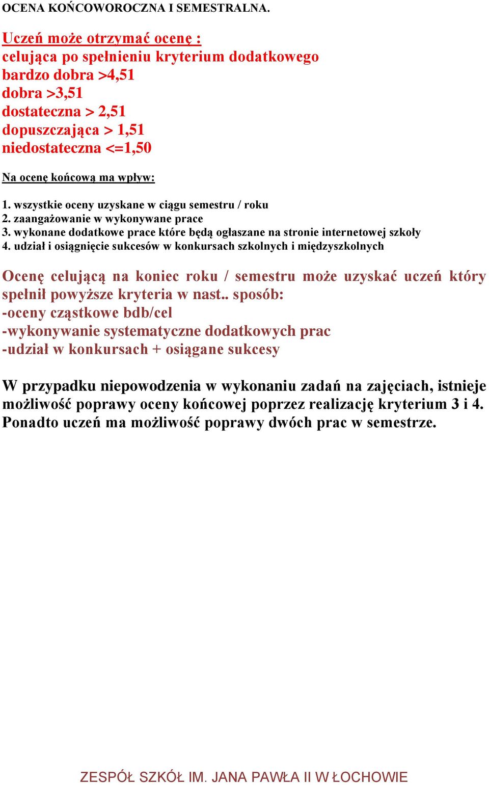 wszystkie oceny uzyskane w ciągu semestru / roku 2. zaangażowanie w wykonywane prace 3. wykonane dodatkowe prace które będą ogłaszane na stronie internetowej szkoły 4.