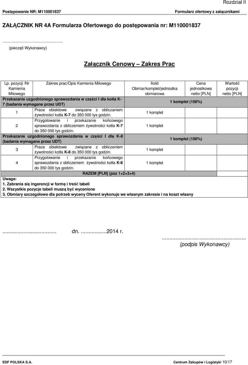 żywotności kotła K-7 do 350 000 tys godzin. Przygotowanie i przekazanie końcowego 2 sprawozdania z obliczeniem żywotności kotła K-7 do 350 000 tys godzin.