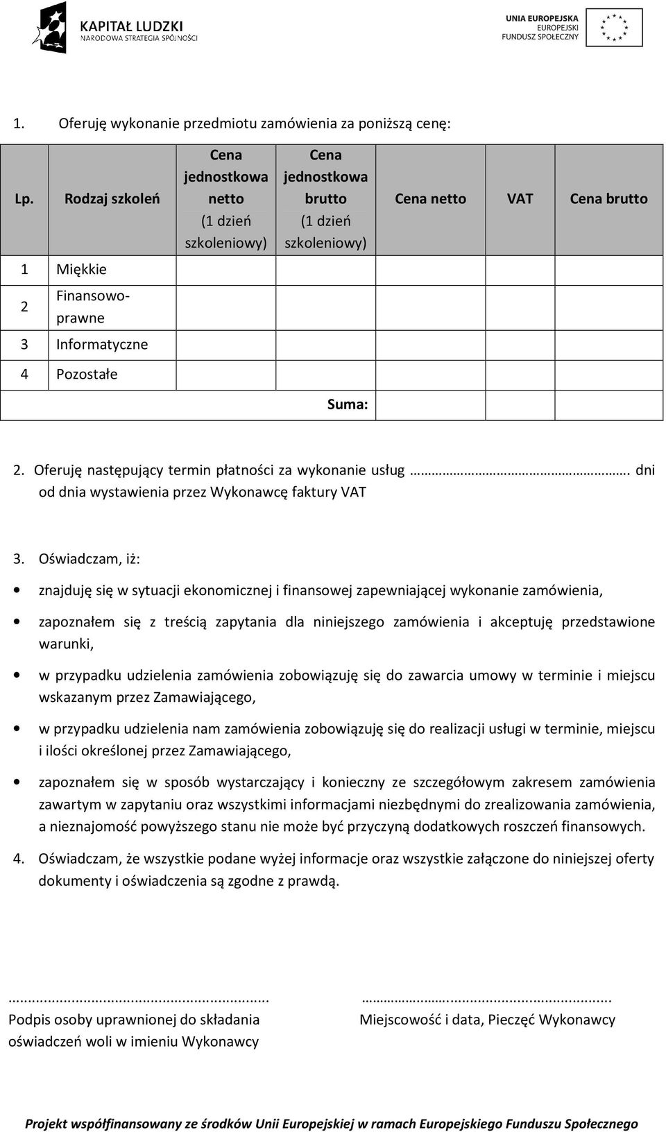 Oferuję następujący termin płatności za wykonanie usług. dni od dnia wystawienia przez Wykonawcę faktury VAT 3.