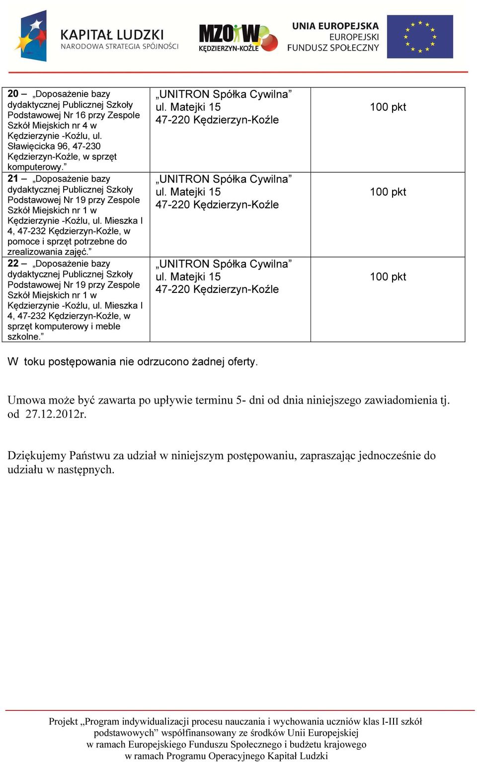 19 przy Zespole Szkół Miejskich nr 1 w Mieszka I 4, 47-232 Kędzierzyn-Koźle, w sprzęt komputerowy i meble szkolne.