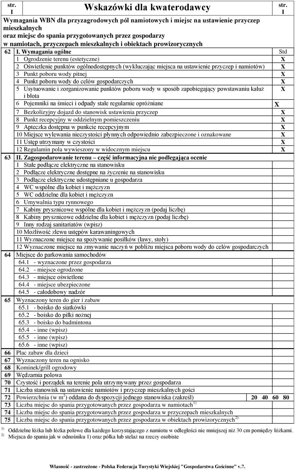 Wymagania ogólne Std 1 Ogrodzenie terenu (estetyczne) X 2 Oświetlenie punktów ogólnodostępnych (wykluczając miejsca na ustawienie przyczep i namiotów) X 3 Punkt poboru wody pitnej X 4 Punkt poboru