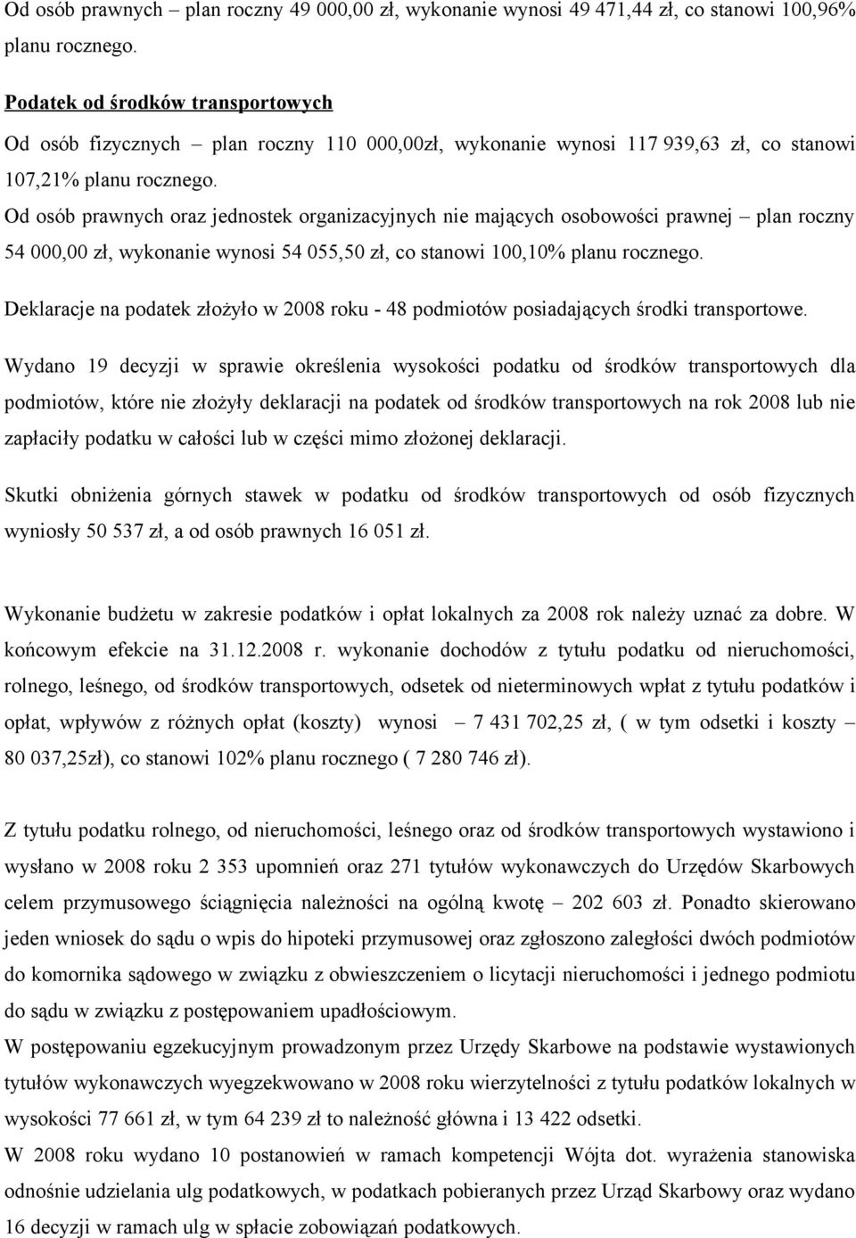 Od osób prawnych oraz jednostek organizacyjnych nie mających osobowości prawnej plan roczny 54 000,00 zł, wykonanie wynosi 54 055,50 zł, co stanowi 100,10% planu rocznego.