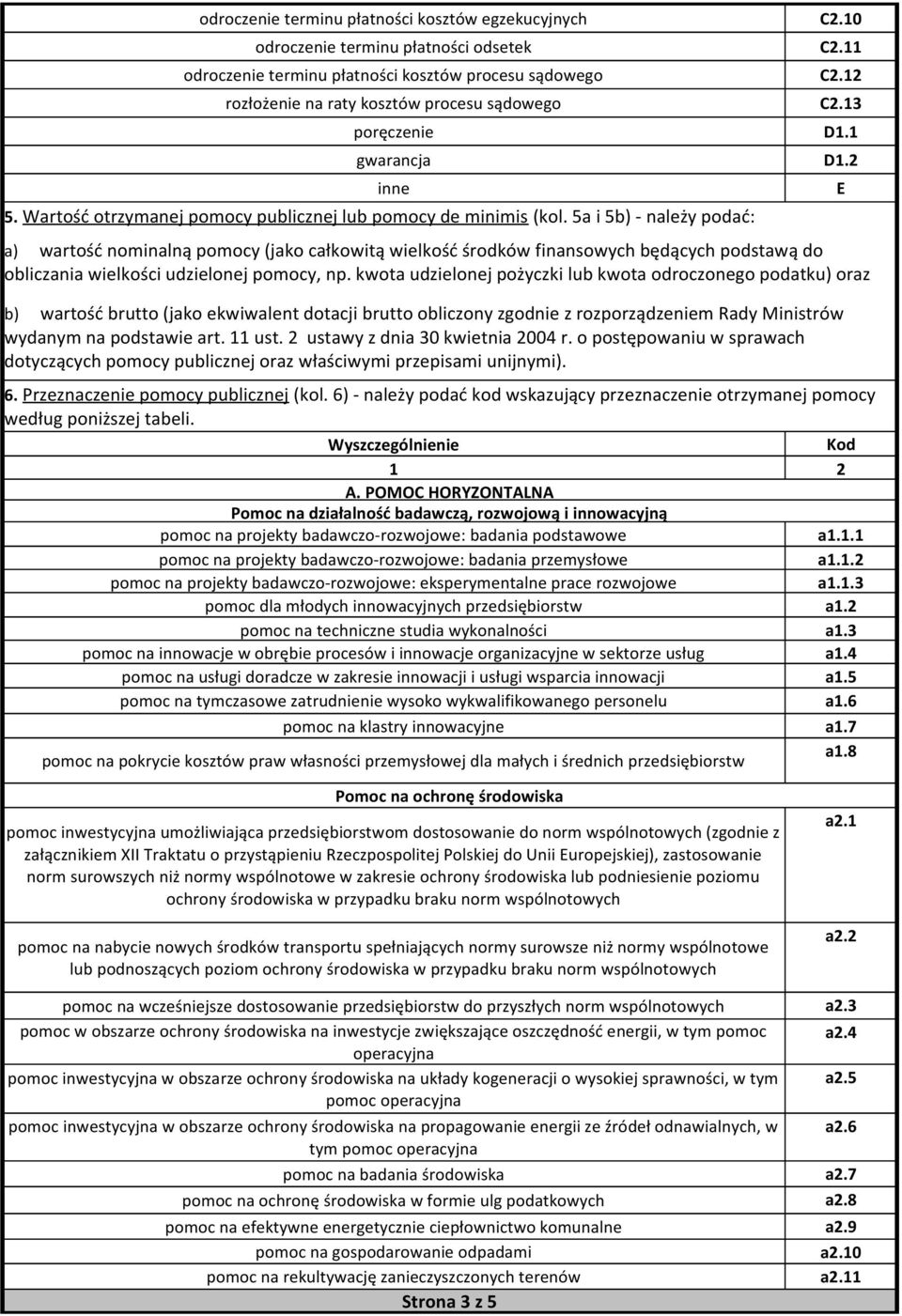 5a i 5b) - należy podać: a) wartość nominalną pomocy (jako całkowitą wielkość środków finansowych będących podstawą do obliczania wielkości udzielonej pomocy, np.