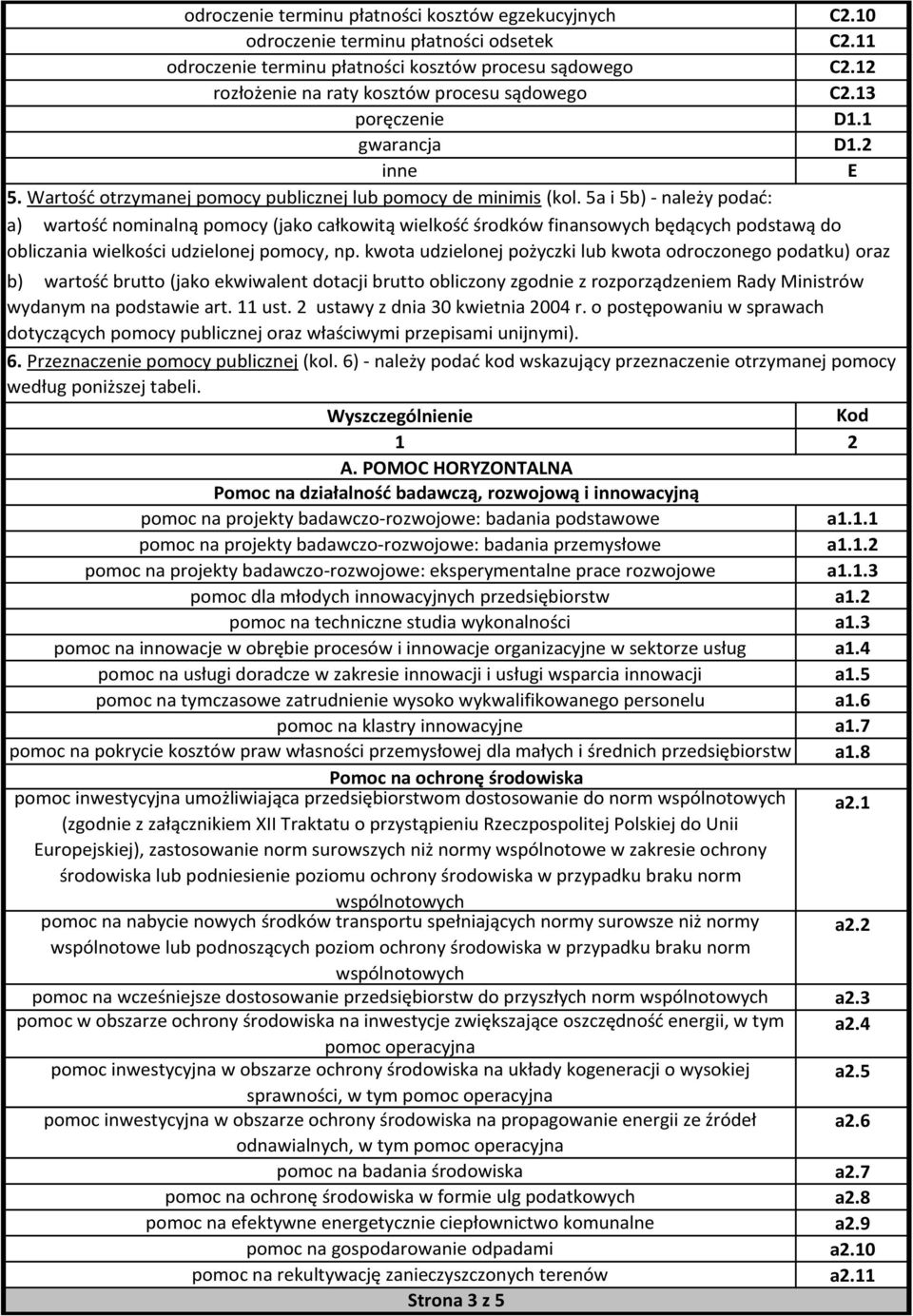 5a i 5b) - należy podać: a) wartość nominalną pomocy (jako całkowitą wielkość środków finansowych będących podstawą do obliczania wielkości udzielonej pomocy, np.