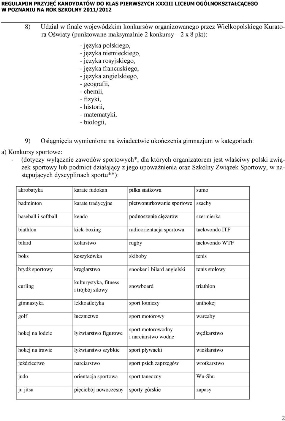 kategoriach: a) Konkursy sportowe: - (dotyczy wyłącznie zawodów sportowych*, dla których organizatorem jest właściwy polski związek sportowy lub podmiot działający z jego upoważnienia oraz Szkolny