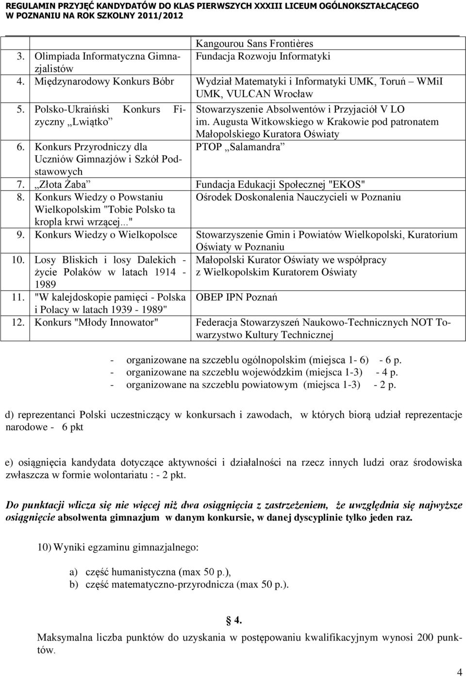 Augusta Witkowskiego w Krakowie pod patronatem Małopolskiego Kuratora Oświaty PTOP Salamandra 7. Złota Żaba Fundacja Edukacji Społecznej "EKOS" 8.