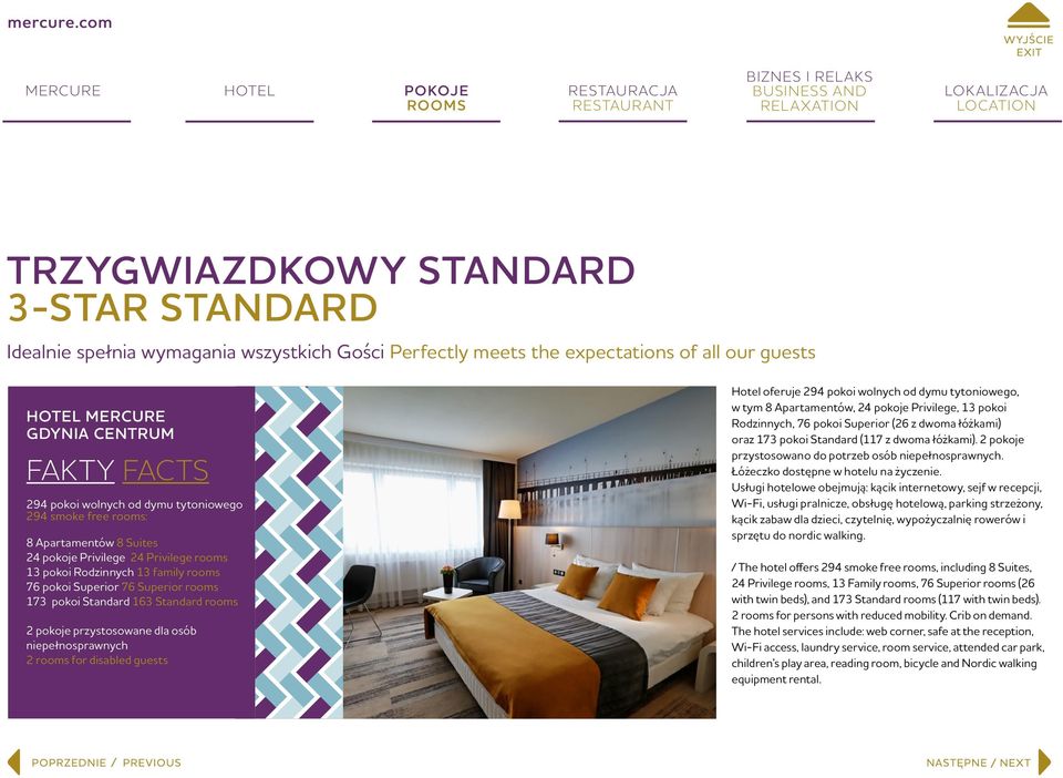 2 pokoje przystosowane dla osób niepełnosprawnych 2 for disabled guests Hotel oferuje 294 pokoi wolnych od dymu tytoniowego, w tym 8 Apartamentów, 24 pokoje Privilege, 13 pokoi Rodzinnych, 76 pokoi