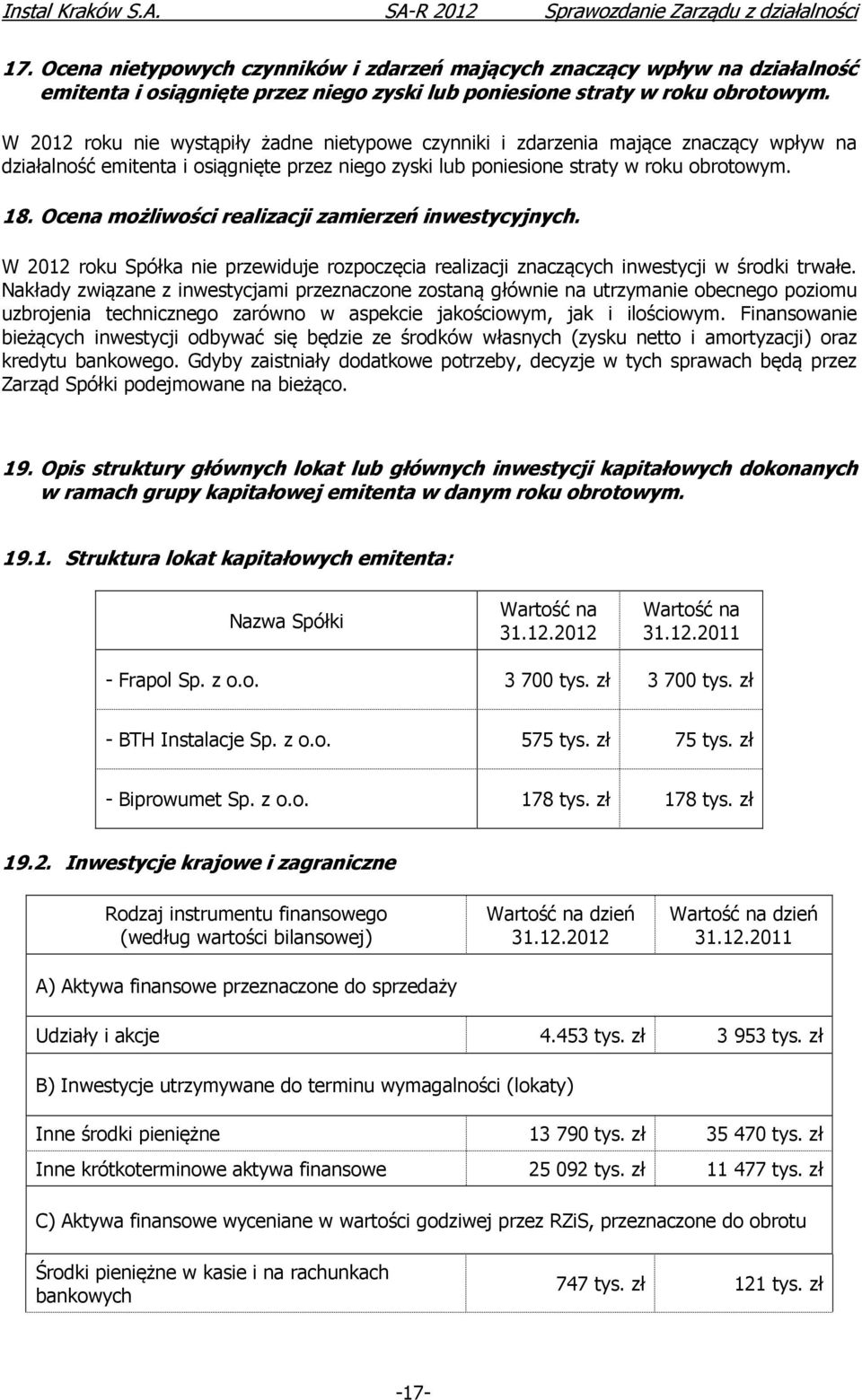 Ocena możliwości realizacji zamierzeń inwestycyjnych. W 2012 roku Spółka nie przewiduje rozpoczęcia realizacji znaczących inwestycji w środki trwałe.