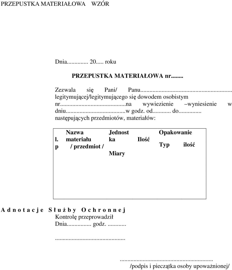 p Nazwa materiału / przedmiot / Jednost ka Miary Ilość Opakowanie Typ ilość A d n o t a c j e S ł uŝby Ochronnej