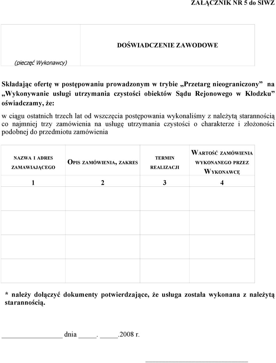 najmniej trzy zamówienia na usługę utrzymania czystości o charakterze i złożoności podobnej do przedmiotu zamówienia WARTOŚĆ ZAMÓWIENIA NAZWA I ADRES TERMIN OPIS