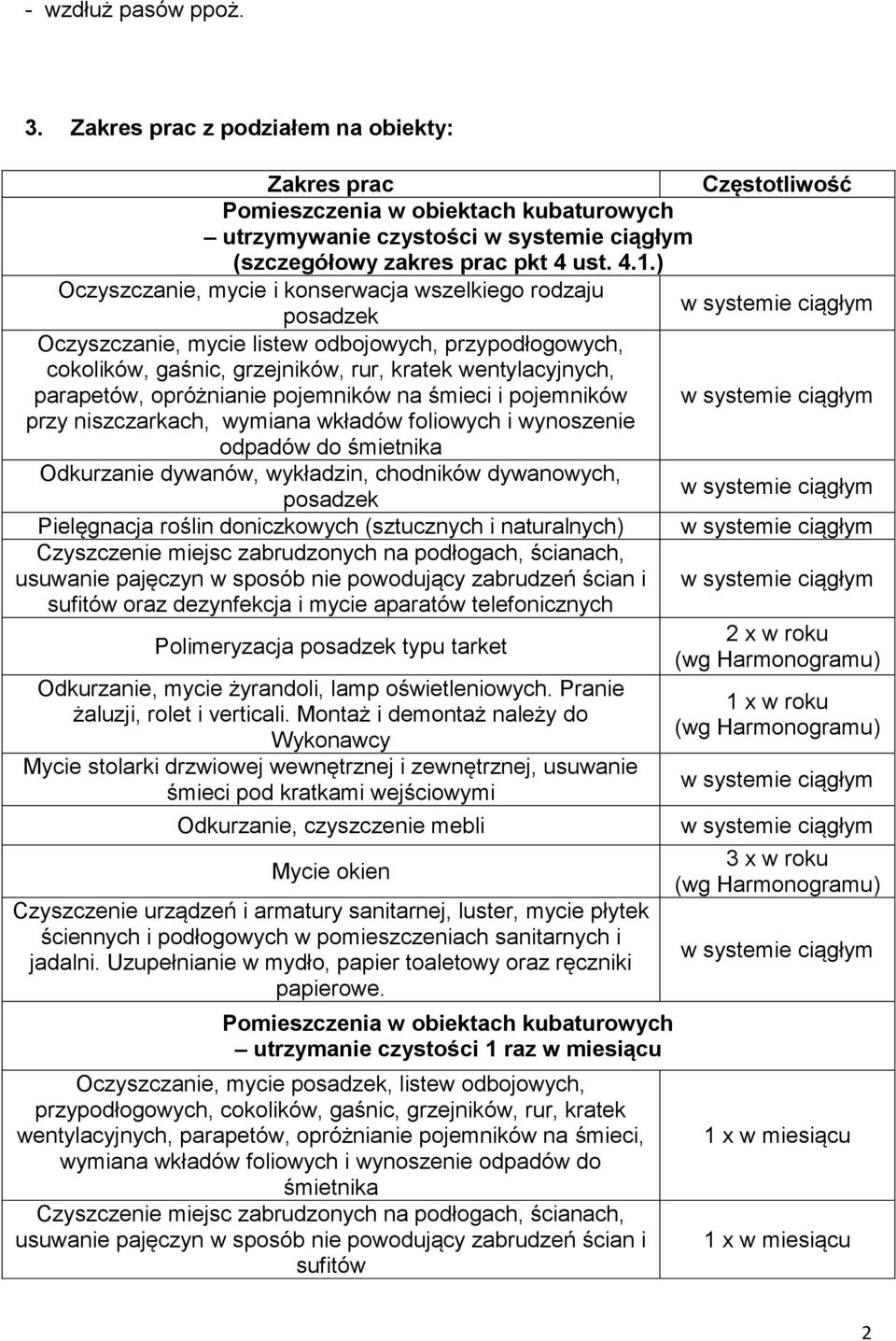 opróżnianie pojemników na śmieci i pojemników przy niszczarkach, wymiana wkładów foliowych i wynoszenie odpadów do śmietnika Odkurzanie dywanów, wykładzin, chodników dywanowych, posadzek Pielęgnacja