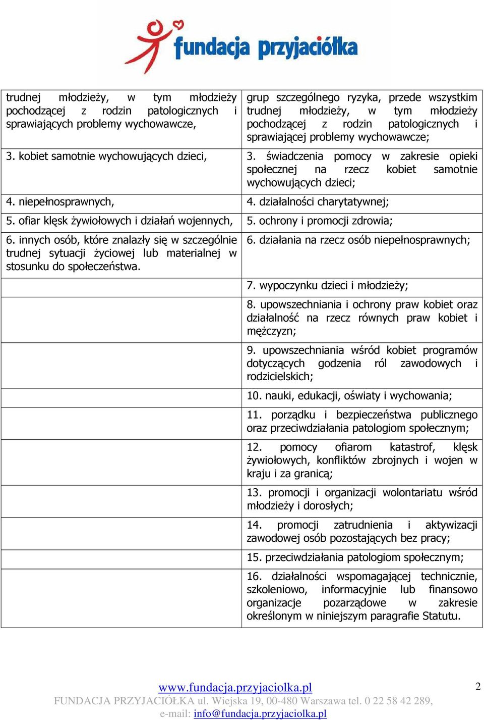 świadczenia pomocy w zakresie opieki społecznej na rzecz kobiet samotnie wychowujących dzieci; 4. niepełnosprawnych, 4. działalności charytatywnej; 5. ofiar klęsk Ŝywiołowych i działań wojennych, 5.