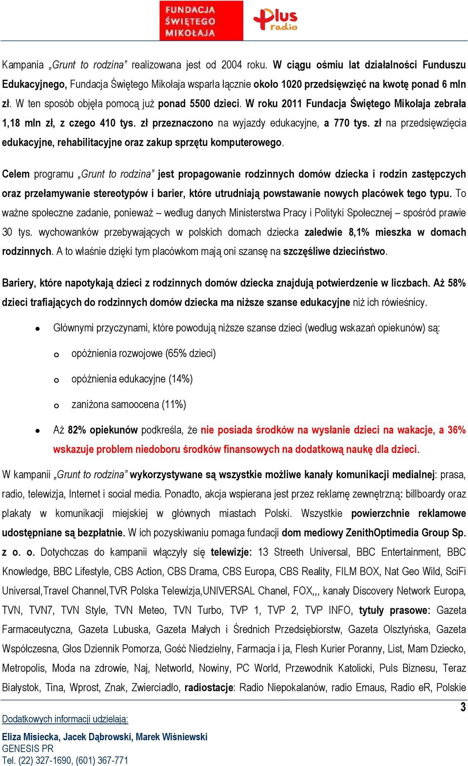 W roku 2011 Fundacja Świętego Mikołaja zebrała 1,18 mln zł, z czego 410 tys. zł przeznaczono na wyjazdy edukacyjne, a 770 tys.