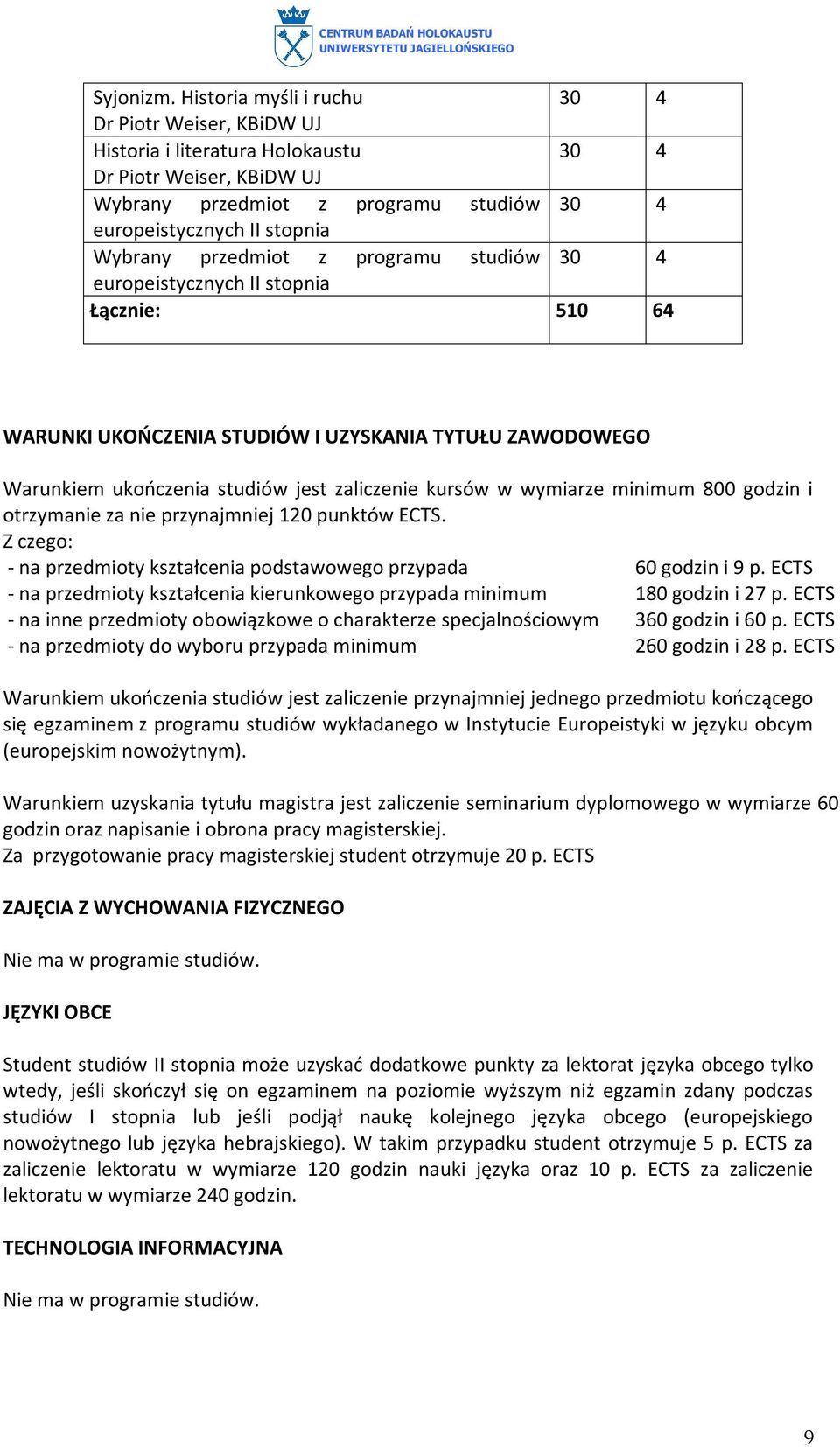 programu studiów europeistycznych II stopnia Łącznie: 510 64 WARUNKI UKOŃCZENIA STUDIÓW I UZYSKANIA TYTUŁU ZAWODOWEGO Warunkiem ukończenia studiów jest zaliczenie kursów w wymiarze minimum 800 godzin