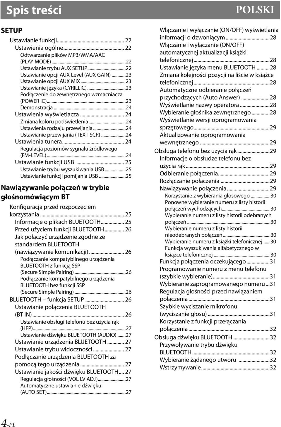 ..24 Ustawienia rodzaju przewijania...24 Ustawianie przewijania (TEXT SCR)...24 Ustawienia tunera... 24 Regulacja poziomów sygnału źródłowego (FM-LEVEL)...24 Ustawianie funkcji USB.