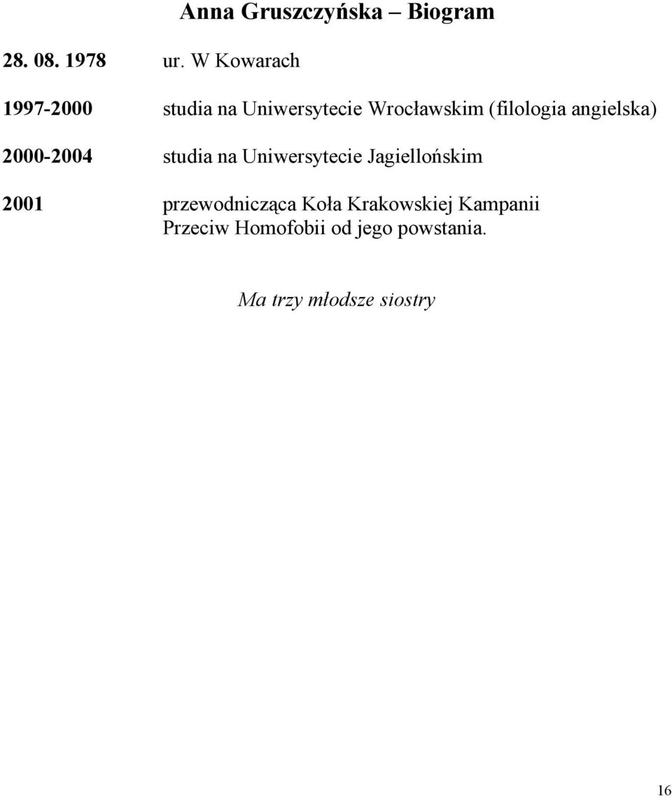 Uniwersytecie Wrocławskim (filologia angielska) 2000-2004 studia na