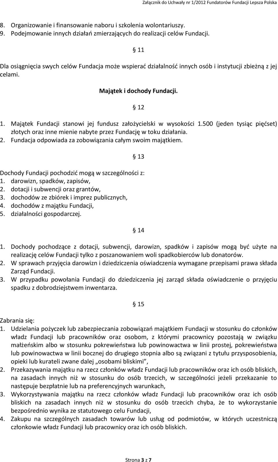 Majątek Fundacji stanowi jej fundusz założycielski w wysokości 1.500 (jeden tysiąc pięćset) złotych oraz inne mienie nabyte przez Fundację w toku działania. 2.