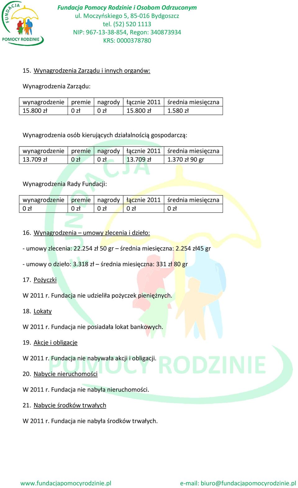 370 zł 90 gr Wynagrodzenia Rady Fundacji: wynagrodzenie premie nagrody łącznie 2011 średnia miesięczna 0 zł 0 zł 0 zł 0 zł 0 zł 16. Wynagrodzenia umowy zlecenia i dzieło: - umowy zlecenia: 22.